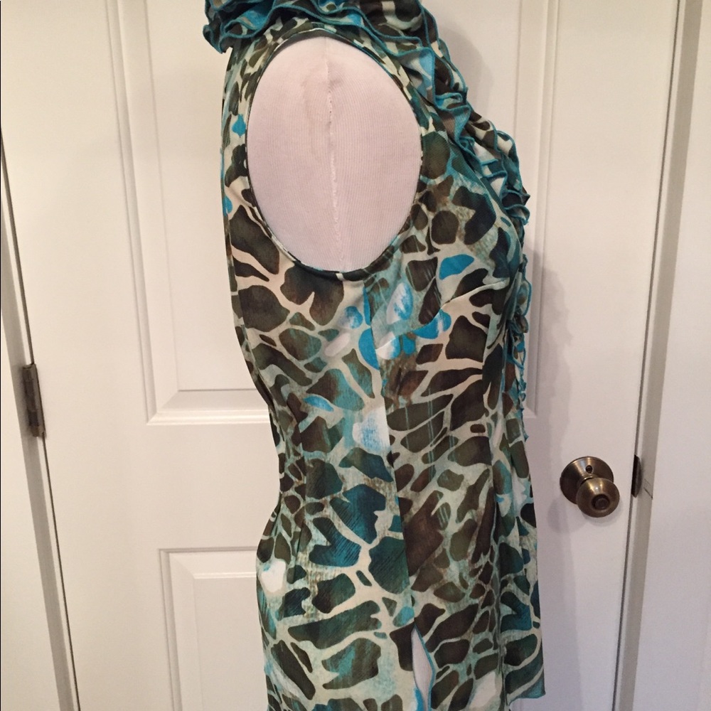 ETCETERA TOP BLOUSE SLEEVELESS BLUE WHITE BROWN PRINT RUFFLE Size 4 - Picture 2 of 6
